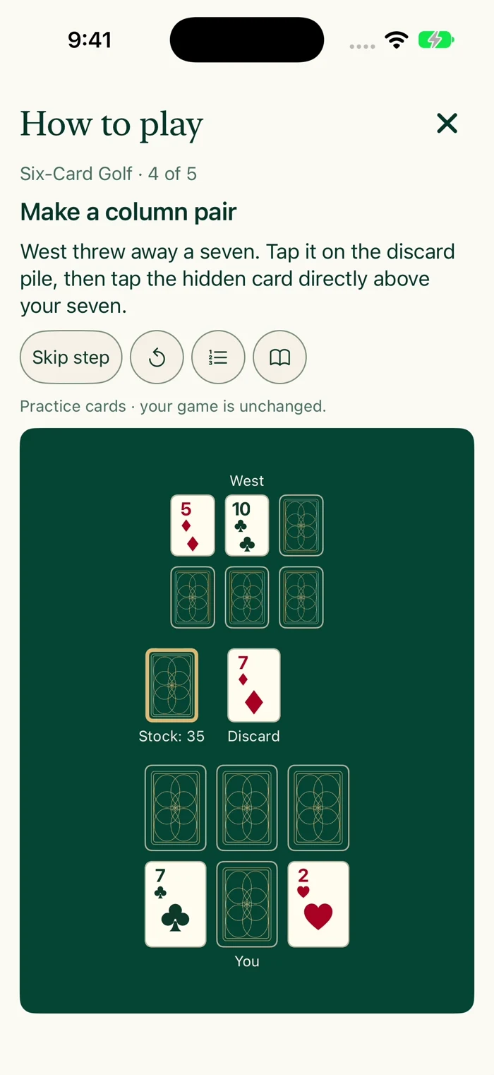 Six-Card Golf practice in Time for Cards showing a two-row grid of playing cards