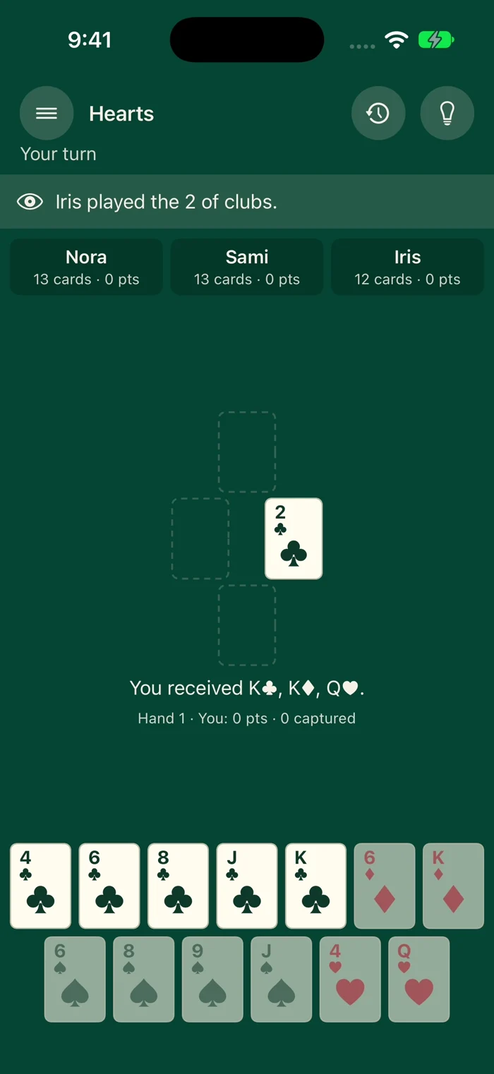 Actual Time for Cards Hearts game with on-device opponents